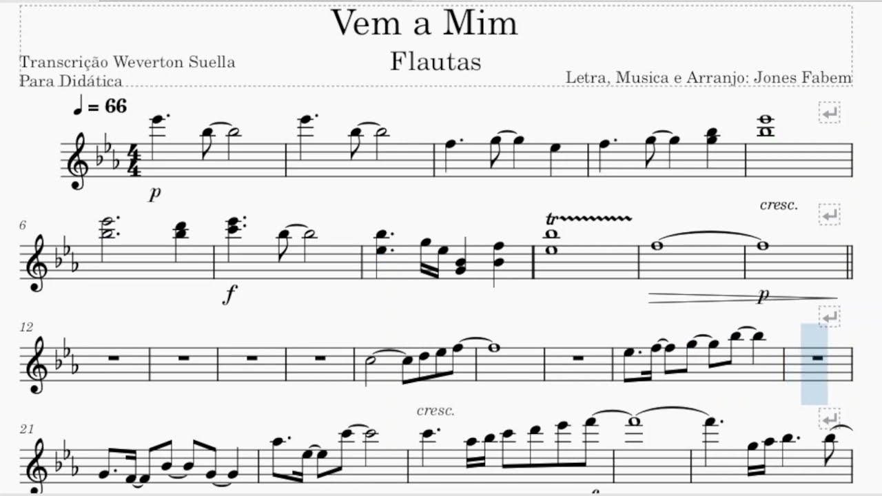 Vem a mim icm - Partitura e Execução - Flauta
