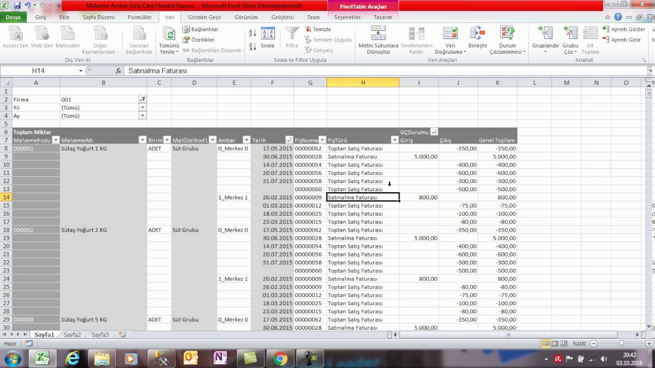 MS Office Dinamik Rapor Malzeme Ambar Giriş &Ccedil;ıkış Hareketleri