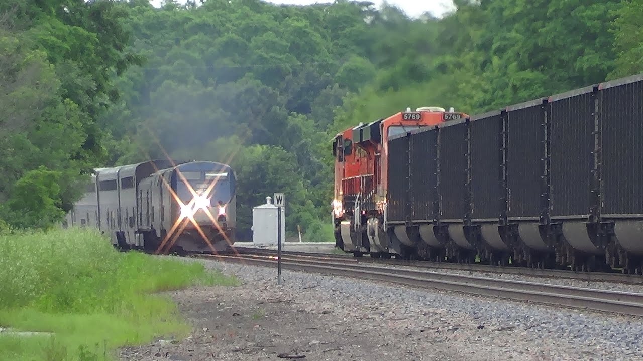 BNSF Coal Train Meets P40 Leading Amtrak #6