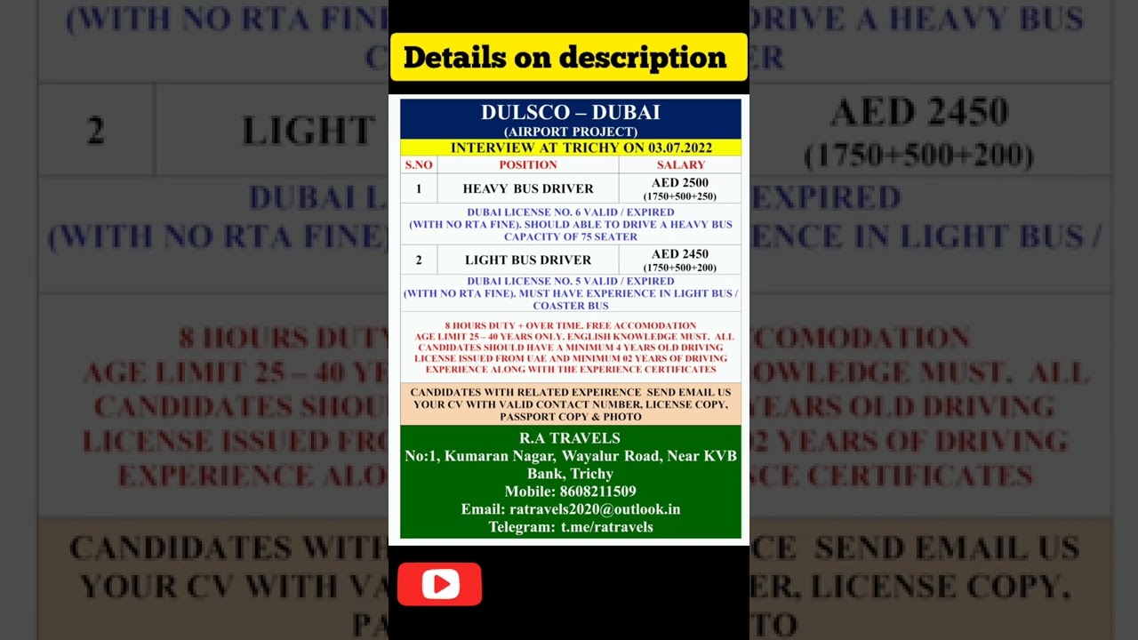 DULSCO &ndash; DUBAI Heavy bus driver & light bus driver job vacancy Dubai