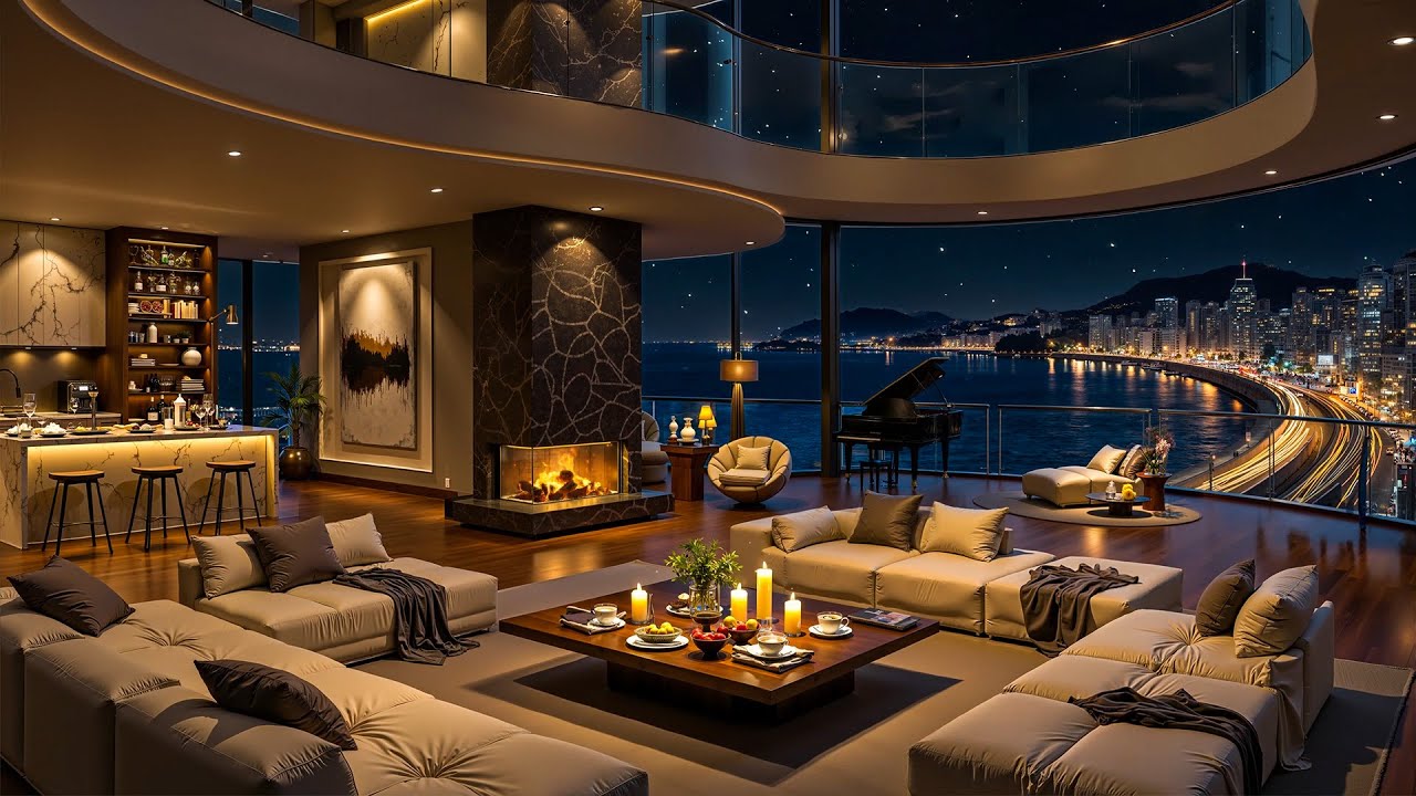 Cozy Seaside Apartment Ambience with Gentle Jazz - Peaceful Jazz Music & Wave Sounds for Chill