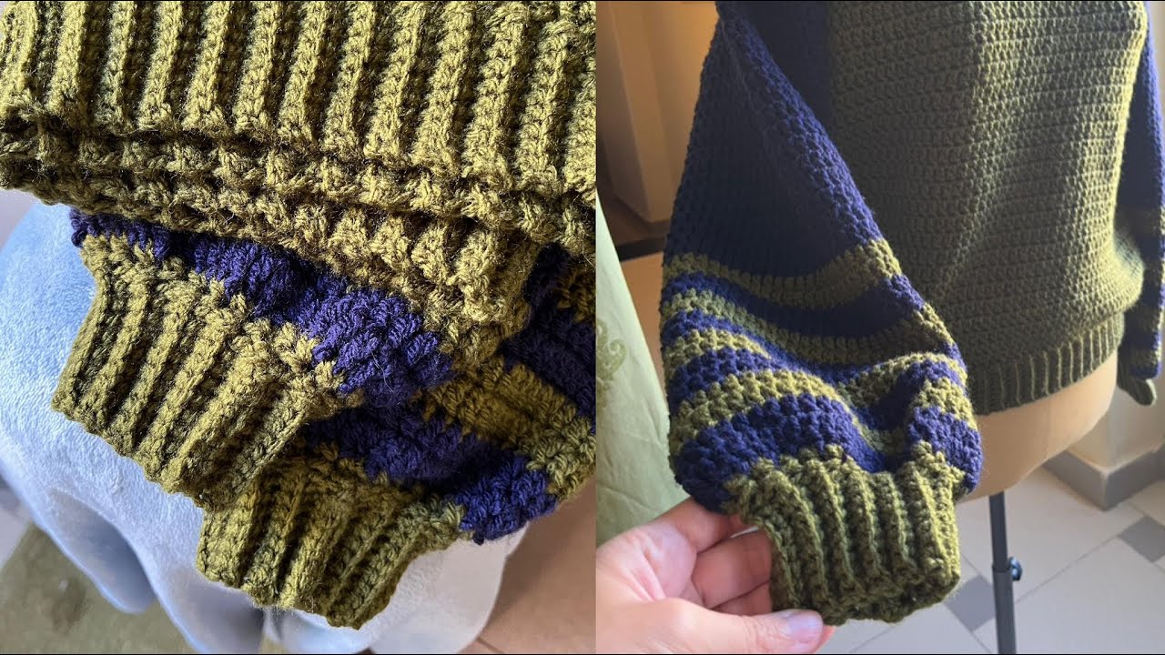 How to crochet ribbed cuff to your crochet sweater طريقة عمل اسورة كم كروشية لاي بلوفر لكل المقاسات