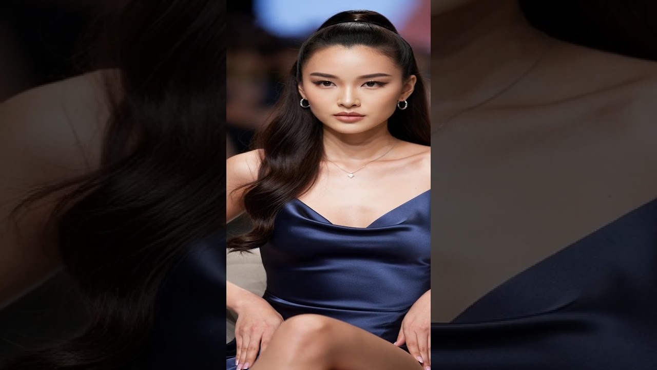 ​The Moment She ALMOST Fell!  Asian Model’s Savage Recovery & Hottest Runway Walk in Navy Slip Dress