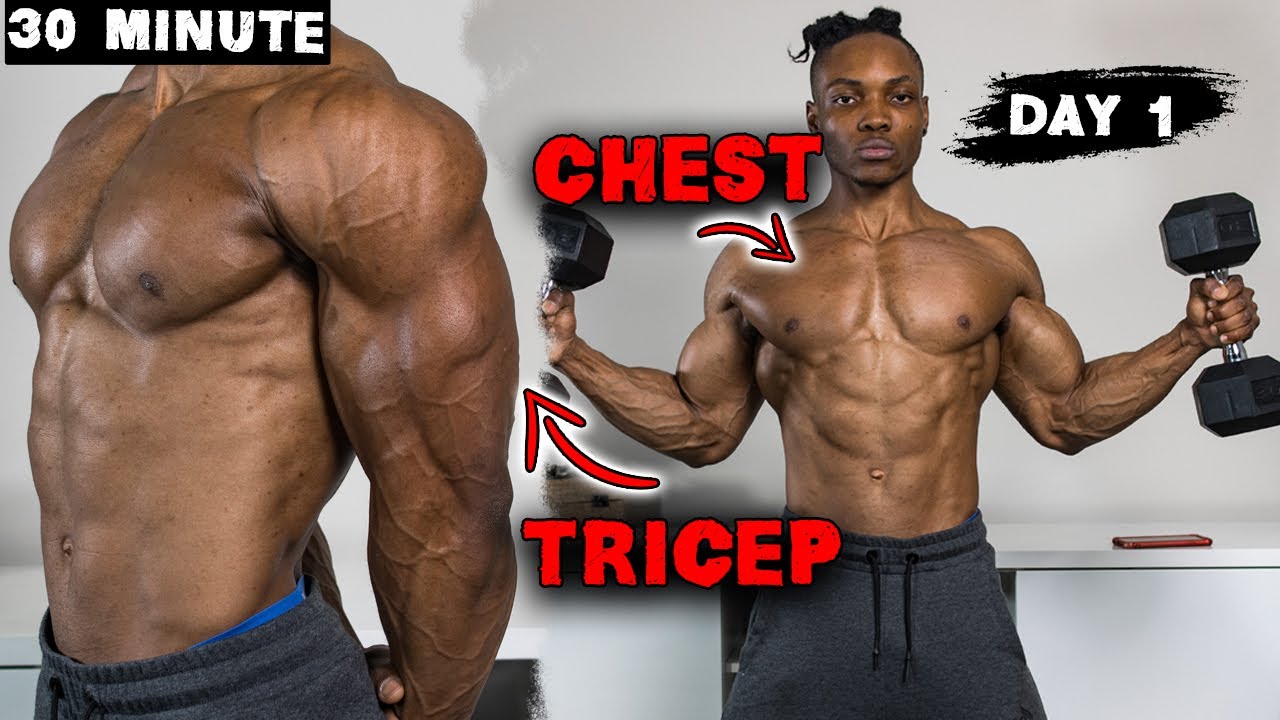 30 MINUTE CHEST AND TRICEP WORKOUT AT HOME (DUMBBELLS ONLY!) | NO BENCH NEEDED - DAY 1