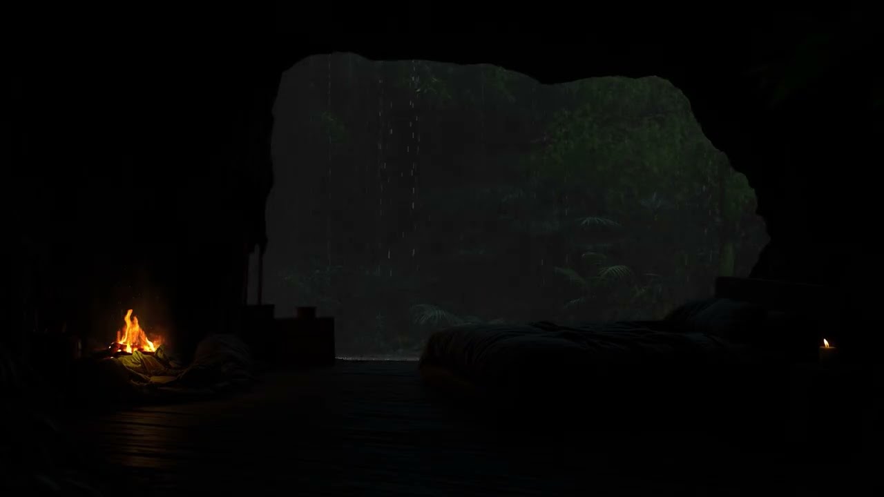 Dark Forest Cave at Night 🌧️🔥 Fall Asleep Fast in Cozy Rain Ambience (No Ads)