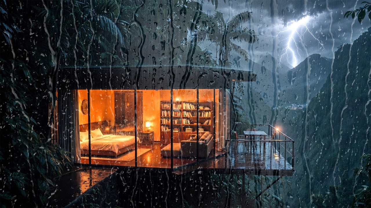 Sleep Above the Cliff | Heavy Rain Glass Room 3H #RainSounds #SleepCliff #GlassRoom #RainAmbience