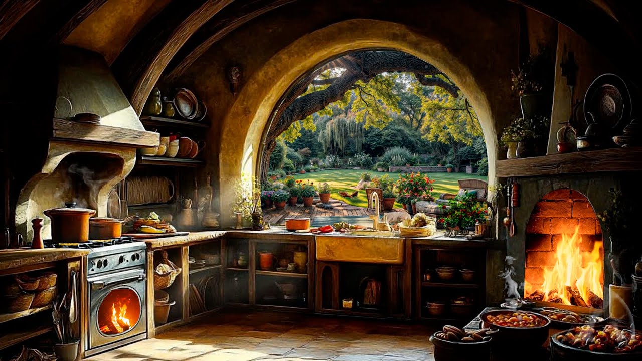 Cozy Hobbit Kitchen Ambience🥘🥬|Spring Morning Serenity of Cooking with Chopping Veggies Sound