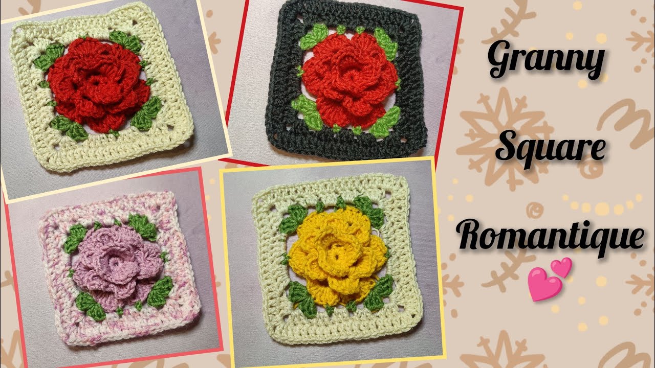 Tuto crochet de square granny avec rose en relief. Super projet en cours 🎊🎉