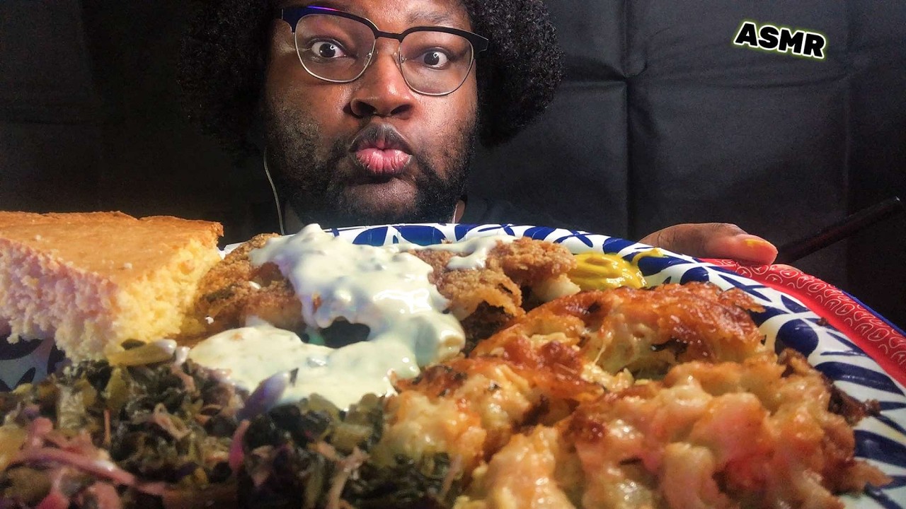 ASMR Fried Flounder, Greens, Mac N Cheese Eating Sounds