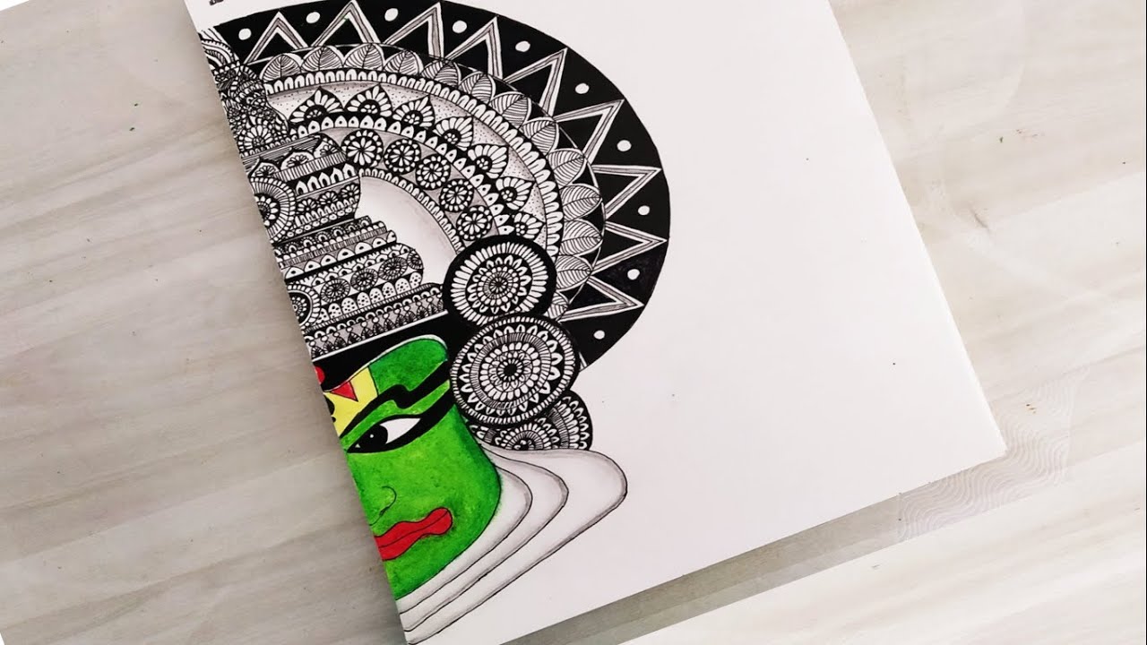How to draw mandala art of kathakali | zentangle doodle art | Kerala | onam festival easy drawing