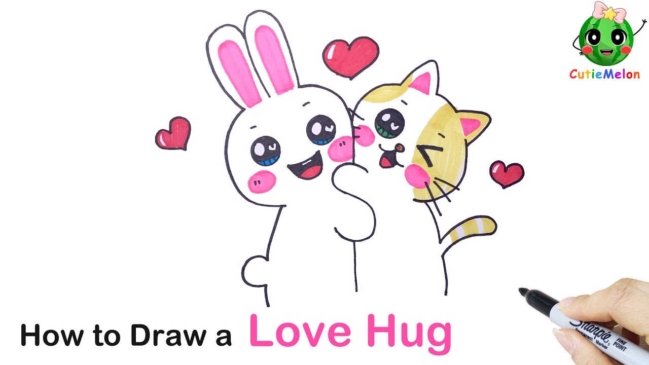 兒童簡筆劃兔子和貓咪愛的擁抱 How to Draw Cute bunny & Cat Hugging for Valentine's Day Arts！Easy Drawings for kids