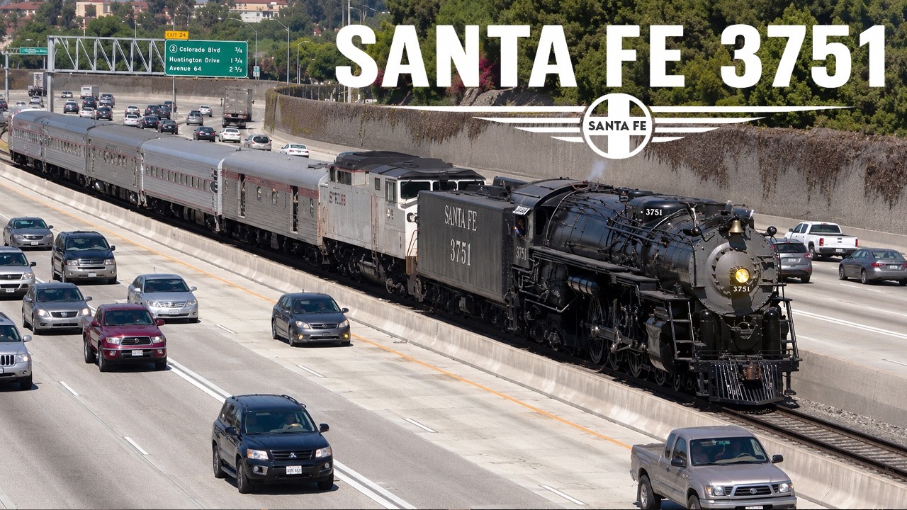 Santa Fe 3751 - Steam Train in the middle of the Freeway