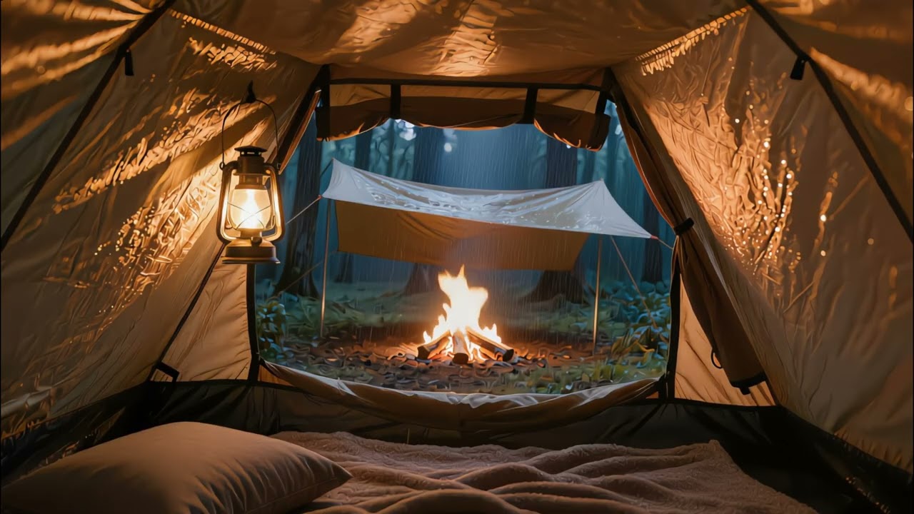 Rain on Tent with Campfire | Cozy Night Camping Ambience 🌧️🔥🦗 | 4 Hours for Deep Sleep & Relaxation