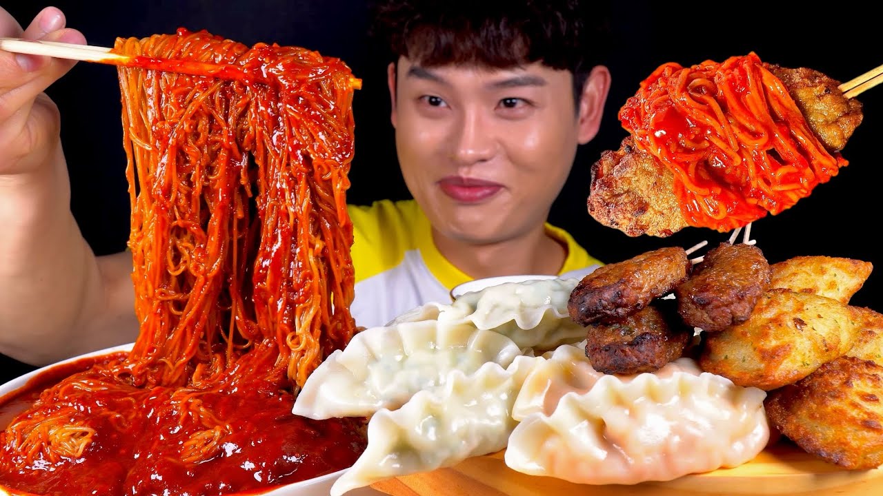ASMR 화끈한 불비빔냉면🔥김치만두 고기만두 튀김만두 떡갈비 먹방~! Spicy Noodles With Kimchi Dumplings Fried Dumplings MuKBang~!