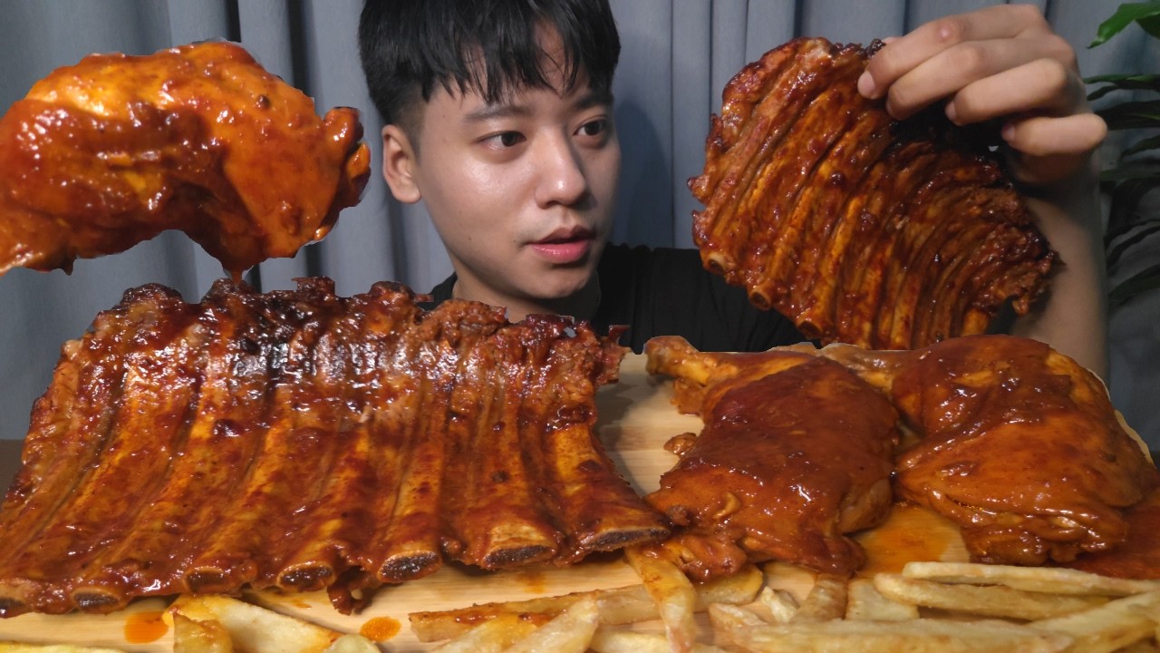 ASMR MUKBANG SPICY BBQ PORK RIBS & BBQ CHICKEN (No Talking)