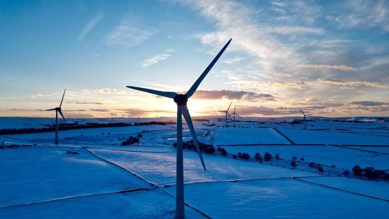 Ingbirchworth Wind Turbines and Reservoir on A Snowy Day