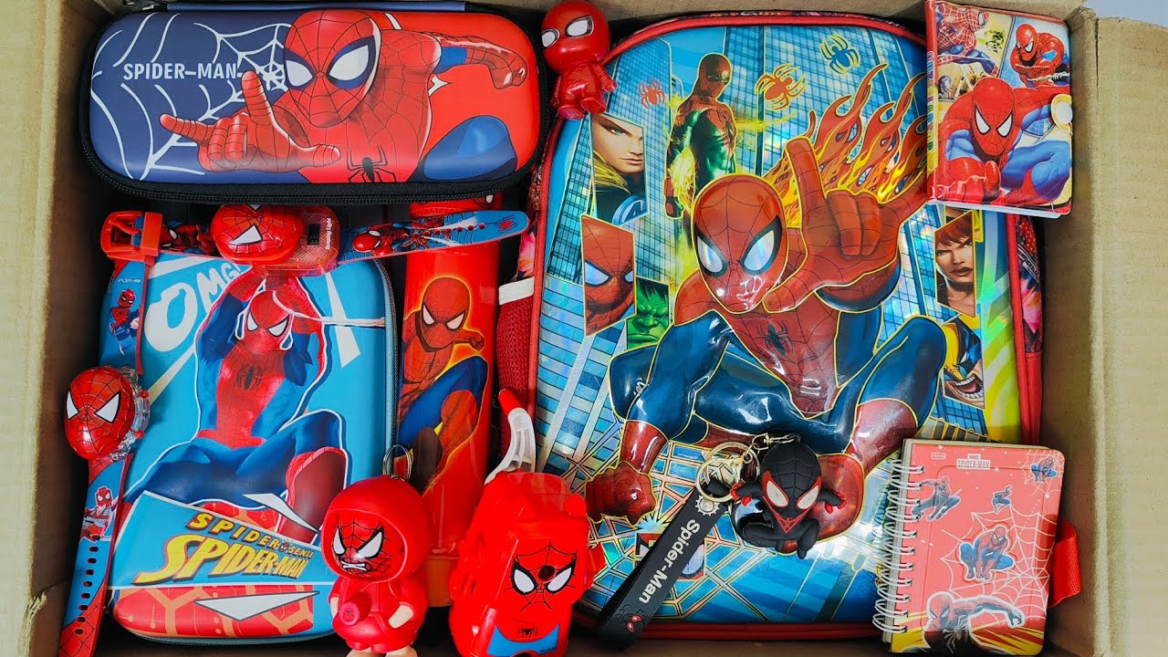Unboxing Mega Spiderman Stationery📚 School Bag, Watch, Sharpener, Geometry Box, Rolling Crayons etc.