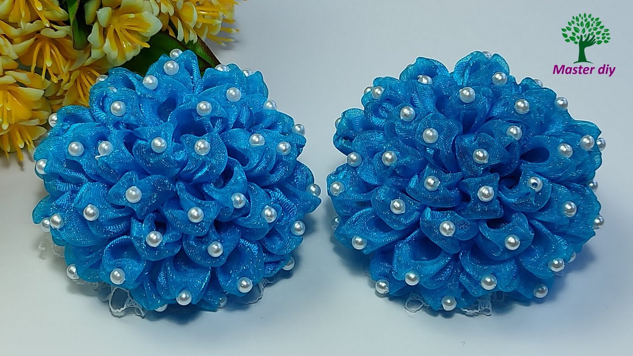 Воздушные Бантики-Ёжики из органзы 25мм с бусинами\Master diy  канзаши