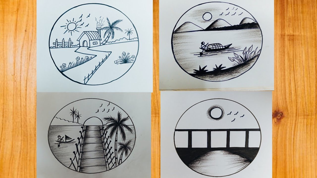 Easy circle scenery drawing /Easy drawing ideas for beginners/ How to draw pencil sketch drawing