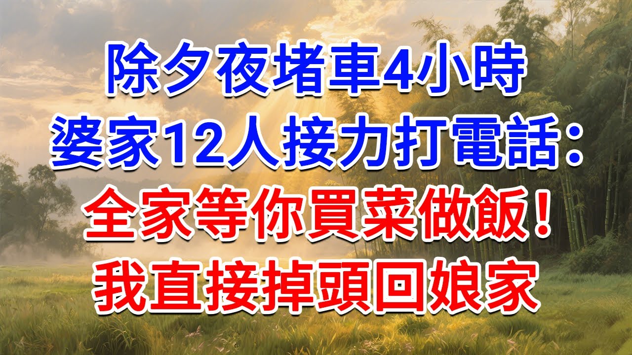 除夕夜堵車4小時，婆家12人接力打電話：全家等你買菜做飯！我直接掉頭回娘家！#為人處世 #生活經驗 #情感故事 #故事 #小說 #戀愛 #情感 #婚姻