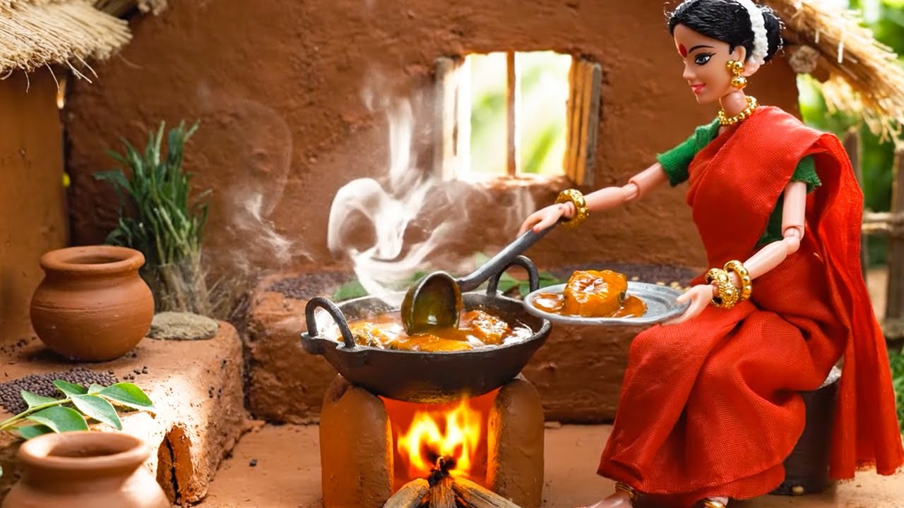 Miniature Doll Fish Tomato Curry & Roti Cooking ASMR | Indian Village Tiny Kitchen Story