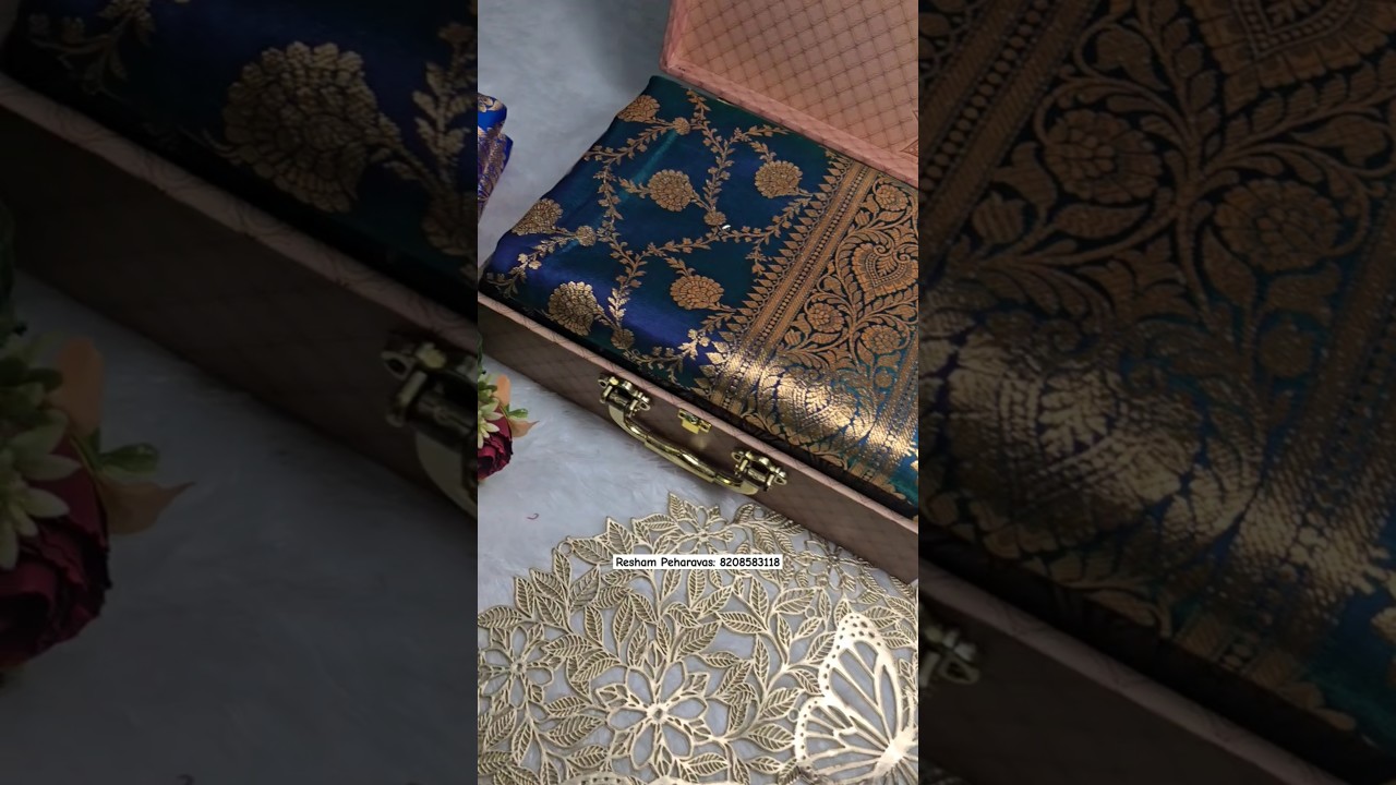 🦚 Beautiful Peacock blue shade Banarasi satin silk saree Golden zari jaal work ✨️