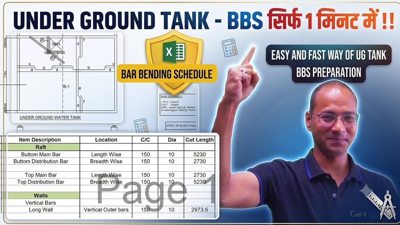 BBS of Under Ground Water Tank in MS Excel | Bar Bending Schedule in MS Excel