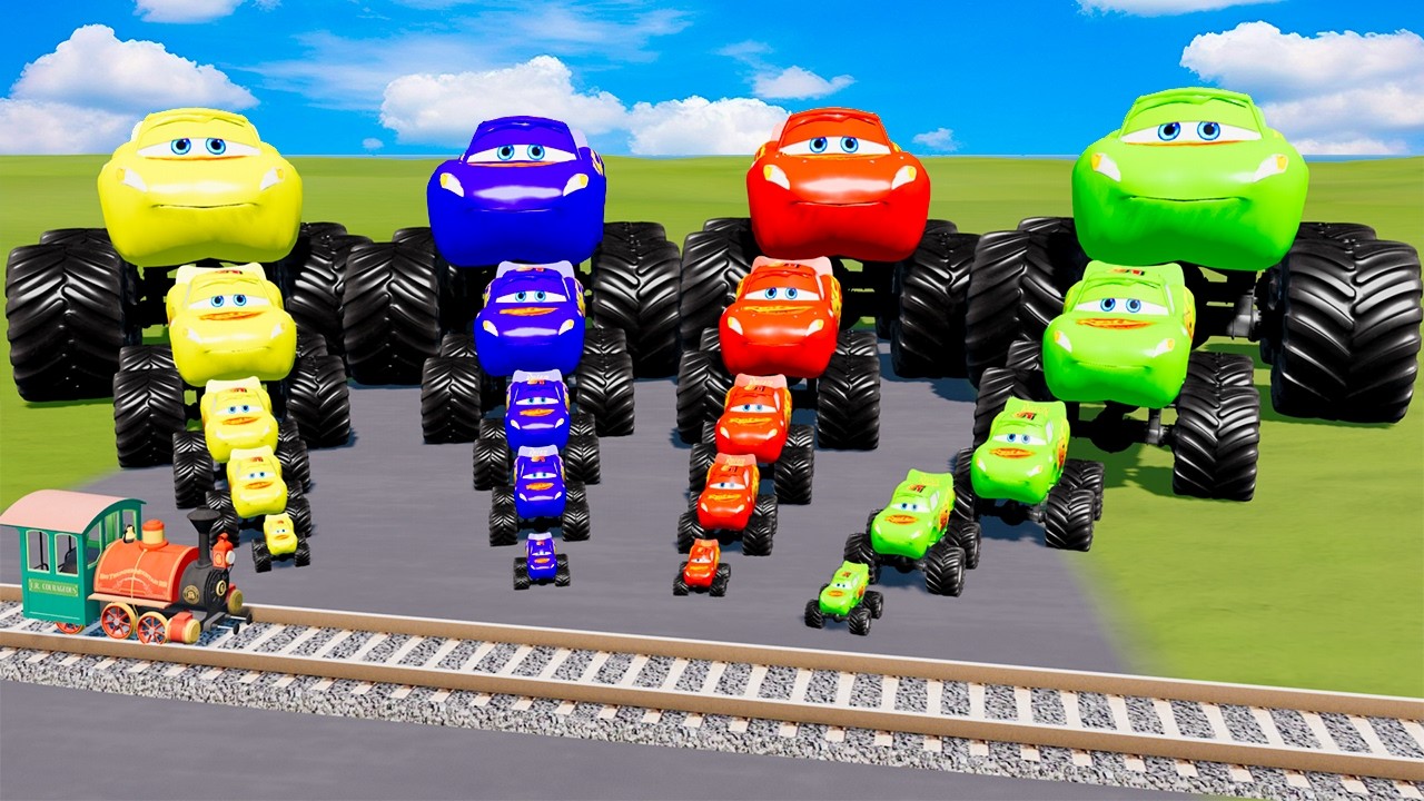 Big & Small Colors Monster Trucks Lightning Mcqueens vs Trains | BeamNG.Drive