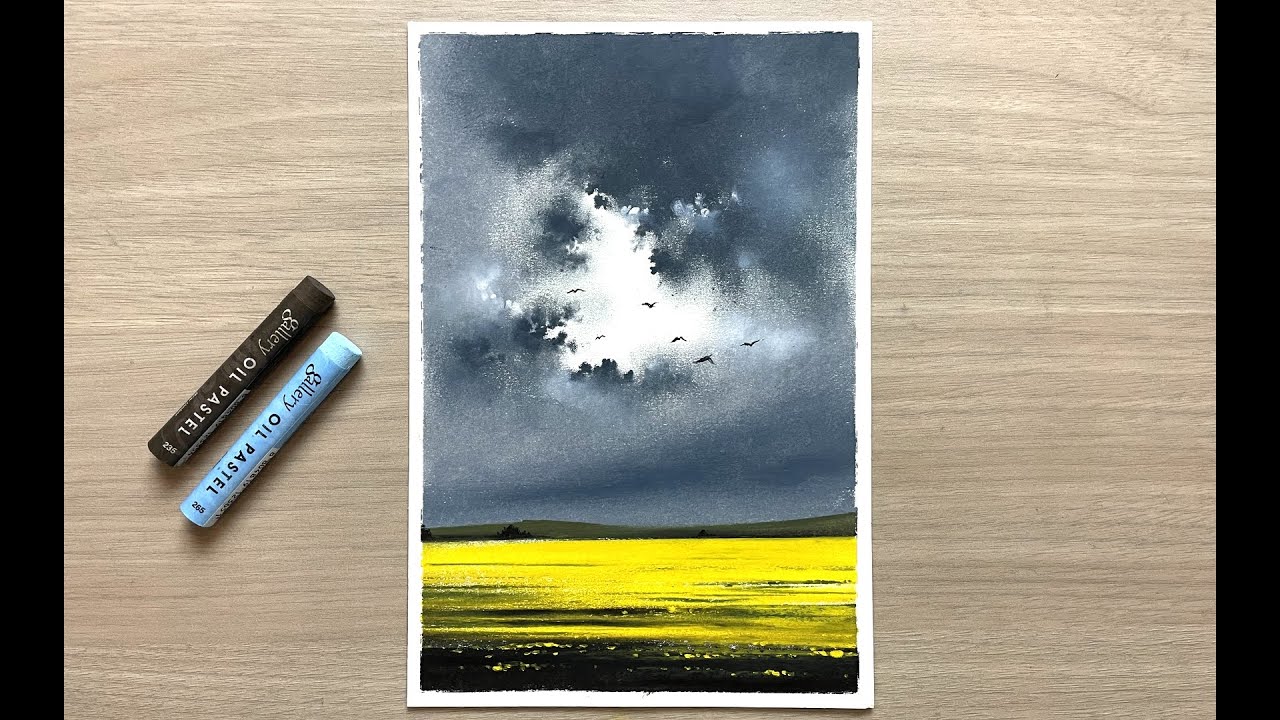 Draw a scenery with stormy sky using oil pastels