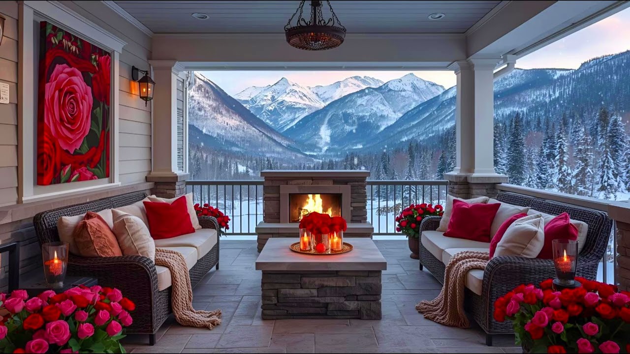 Happy Valentine’s Day ❤️ Romantic Winter Patio Fireplace Ambience, Snowy Mountain Views (No Music)