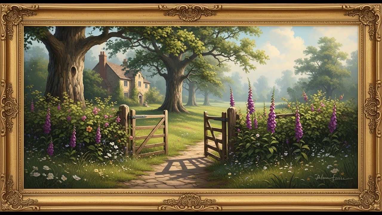 Frame TV Art With Music: Summer Meadow Path with Purple Foxgloves | Wallpaper | Romantic Garden Art