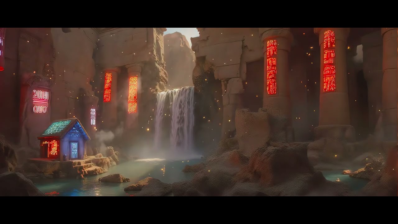 10 hours Ancient Temple Waterfall VJ Loop 4K UHD 60fps Screensaver Windows 11 PC Red Neon