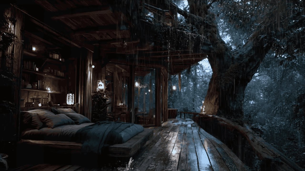 Deep Night Rest | Heavy Rain on Window in Cozy Forest Cabin Ambience