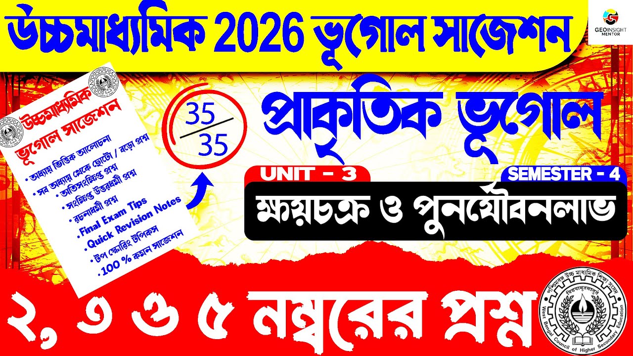 Class 12 Geography Semester 4 suggestion 2026 | HS 2026 4th semester Geography suggestion | Unit - 3