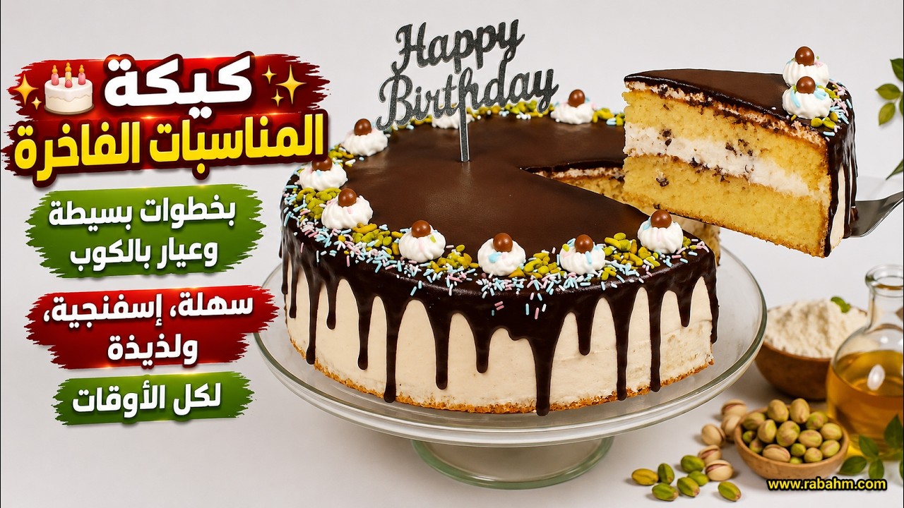 كيكة المناسبات الفاخرة 🎂✨ بخطوات بسيطة وعيار بالكوب! سهلة، إسفنجية، ولذيذة لكل الأوقات  مع رباح محمد