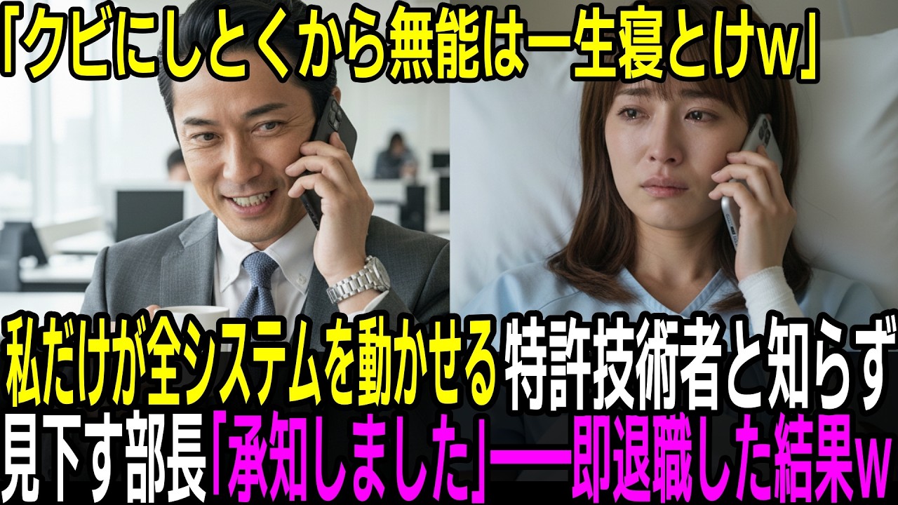 「クビにしとくから一生寝とけw」私だけが社内全システムを管理している特許技術者と知らず、事故に遭い入院報告をすると嘲笑い見下す部長―「わかりました」そのまま退職し完全に着信拒否した結果