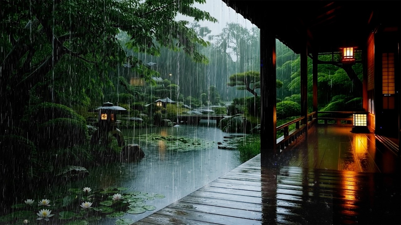 🌧️ Healing Rain on Forest Cabin to Cure Insomnia | Deep Sleep Forest Rain on Garden Pond