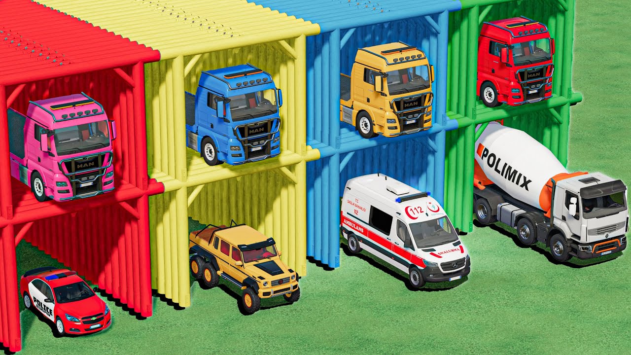 GARAGE with COLORS - TRANSPORTING POLICE CARS , AMBULANCE , TRUCKS , MAN TRUCKS | FS22