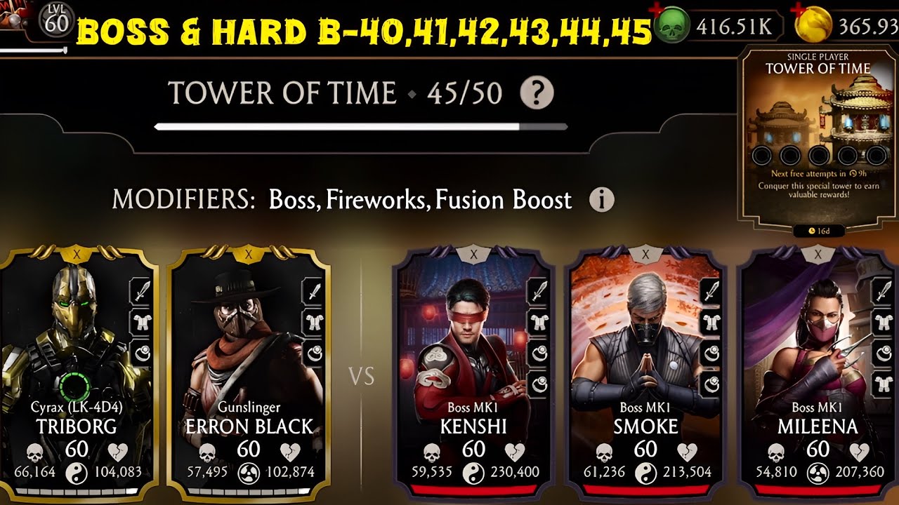 Tower of Time Battles 40-45 Fight + Rewards MK Mobile | Easy way + Talent Tree & Team Setup