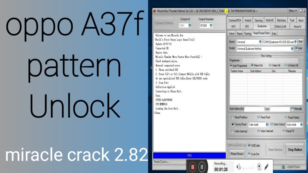 Oppo A37/A37f/A37fw Pattern Lock & Frp Lock Remove From  Miracle crack Tool 2.82