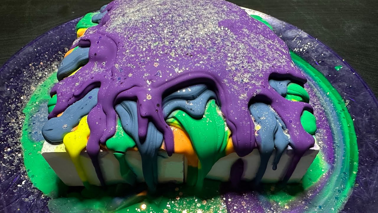 huge rainbow drippy cake for @LatinxASMR #DrAsmr OC 🌈 4 fresh blocks covered in cornstarch paste