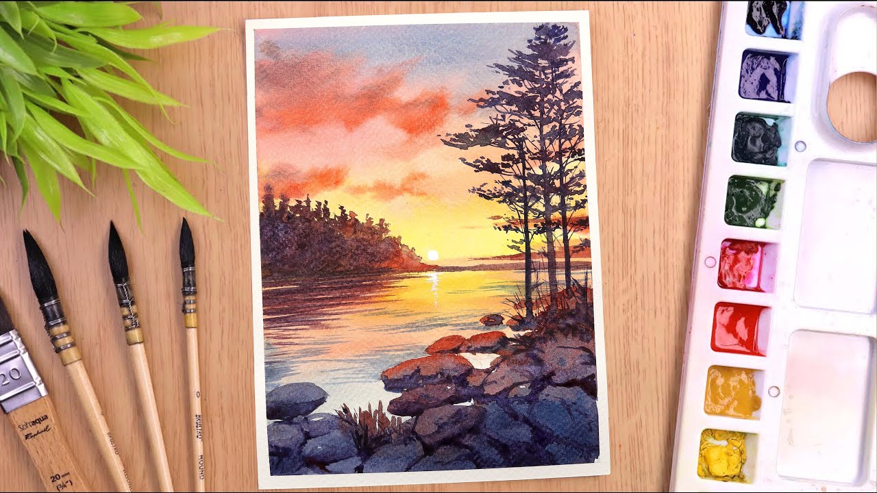 Easy Watercolor painting for beginners Rocks and Lake Sunset Landscape