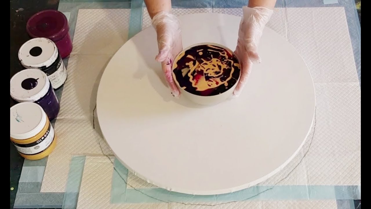 #314 Huge Round Metallic Gold And Purple Acrylic Pour