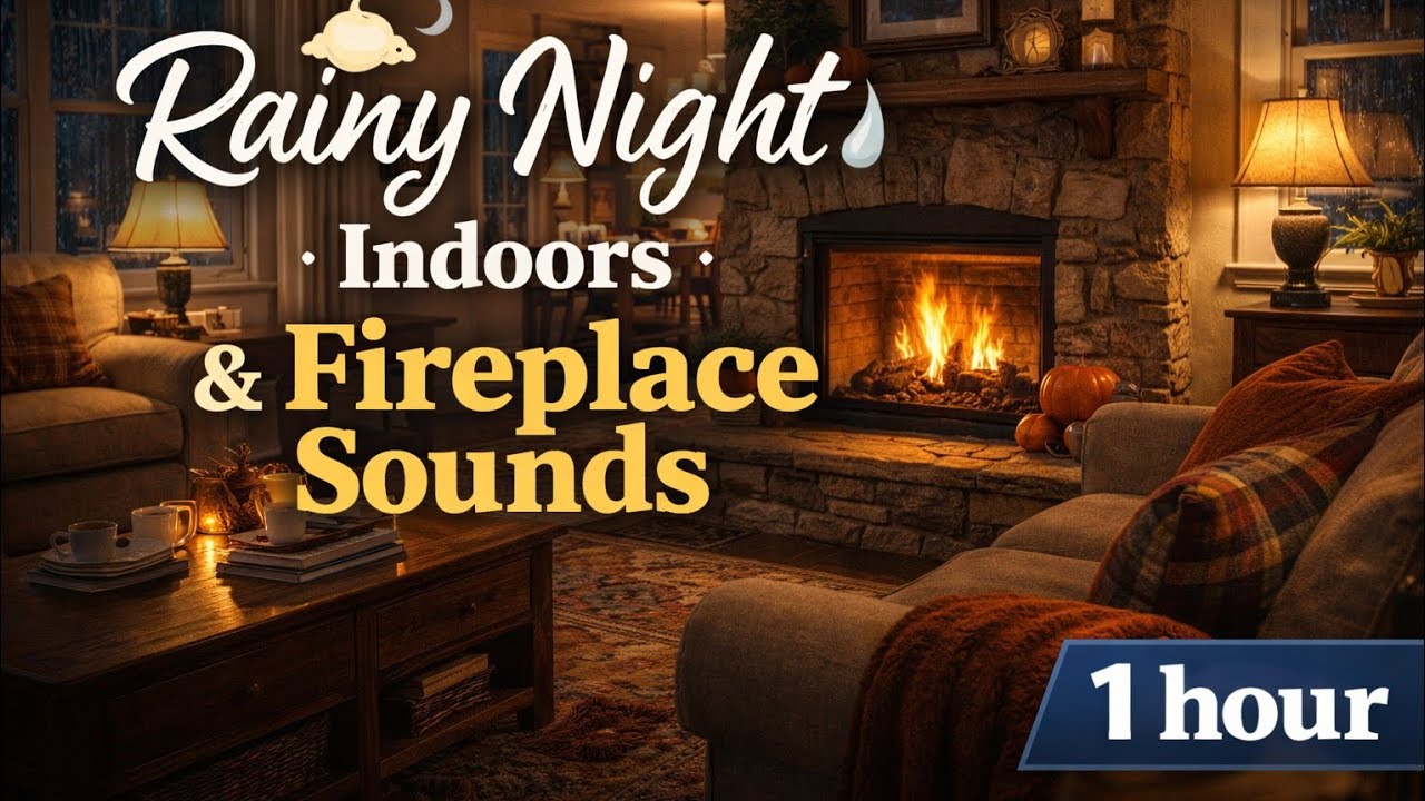 Cozy Rainy Night Indoors 🌧️ Fireplace & Window Rain Sounds for Deep Sleep (1 Hour)