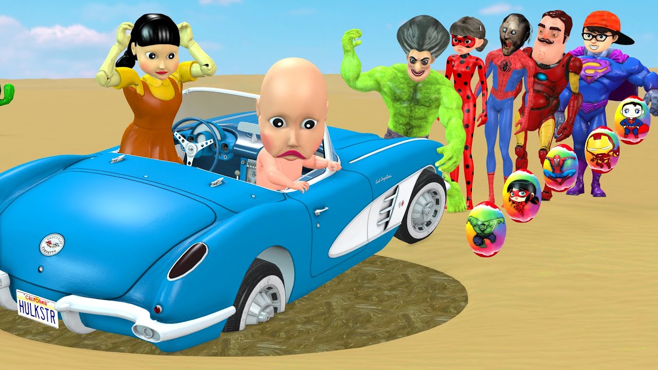 Scary Teacher 3D vs Squid Game Become Superhero Save Car Baby Doll Escape Mud Hole 5 Time Challenge