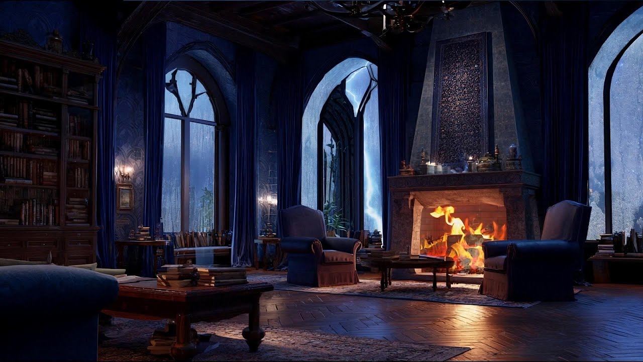 A Quiet Stronghold in the Storm ⛈️ Warm Fire, Cold Rain — 90 Minute Night Space