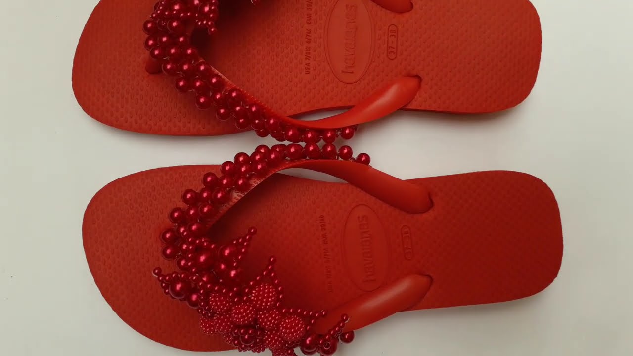 Chinelos Havaianas Personalizados Com Pérolas Vermelho Rubi