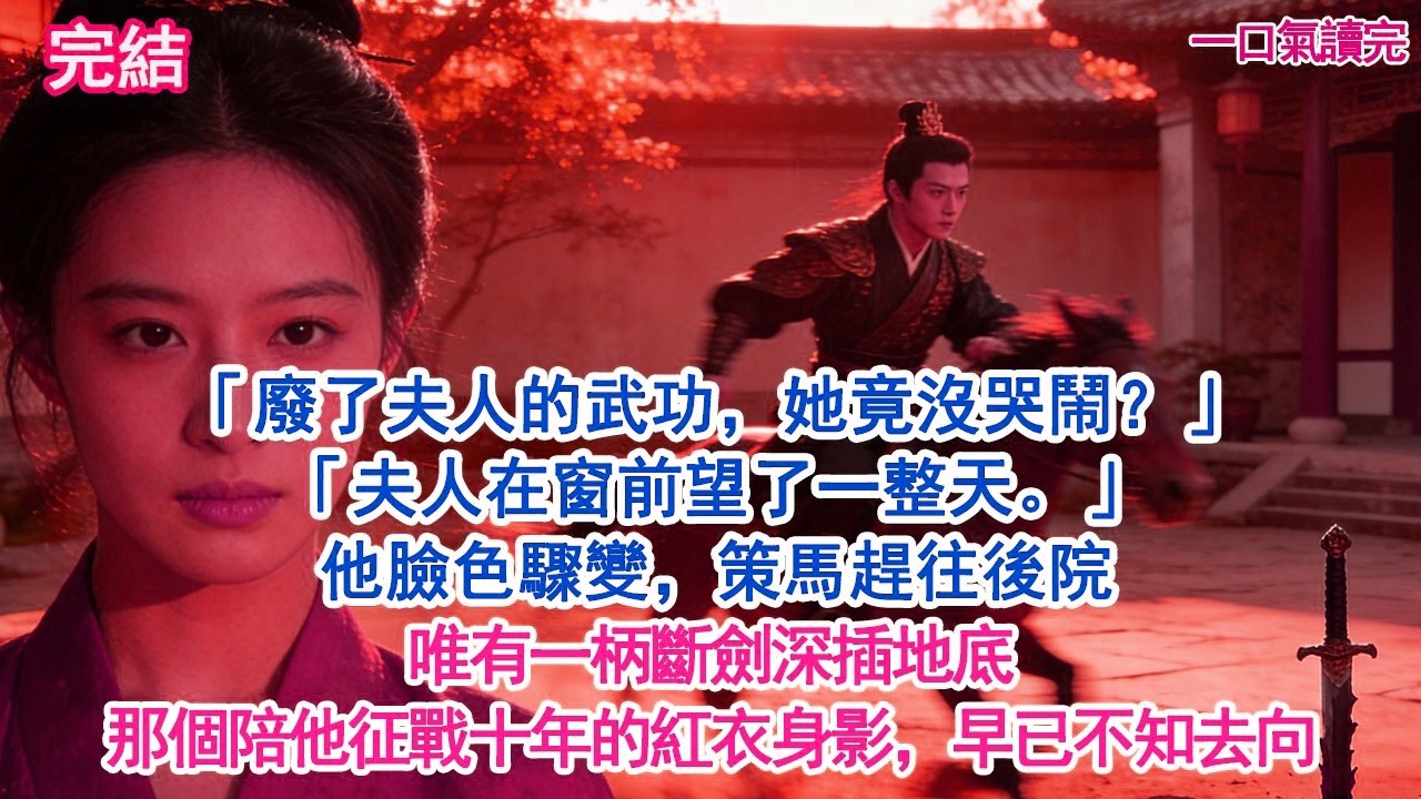「本王廢了夫人的武功，她竟沒來哭鬧？」「夫人在窗前望了一整天。」他臉色驟變，策馬趕往後院，唯有一柄斷劍深插地底，那個陪他征戰十年的紅衣身影，早已不知去向。#古風#追妻火葬場#愛情#小說