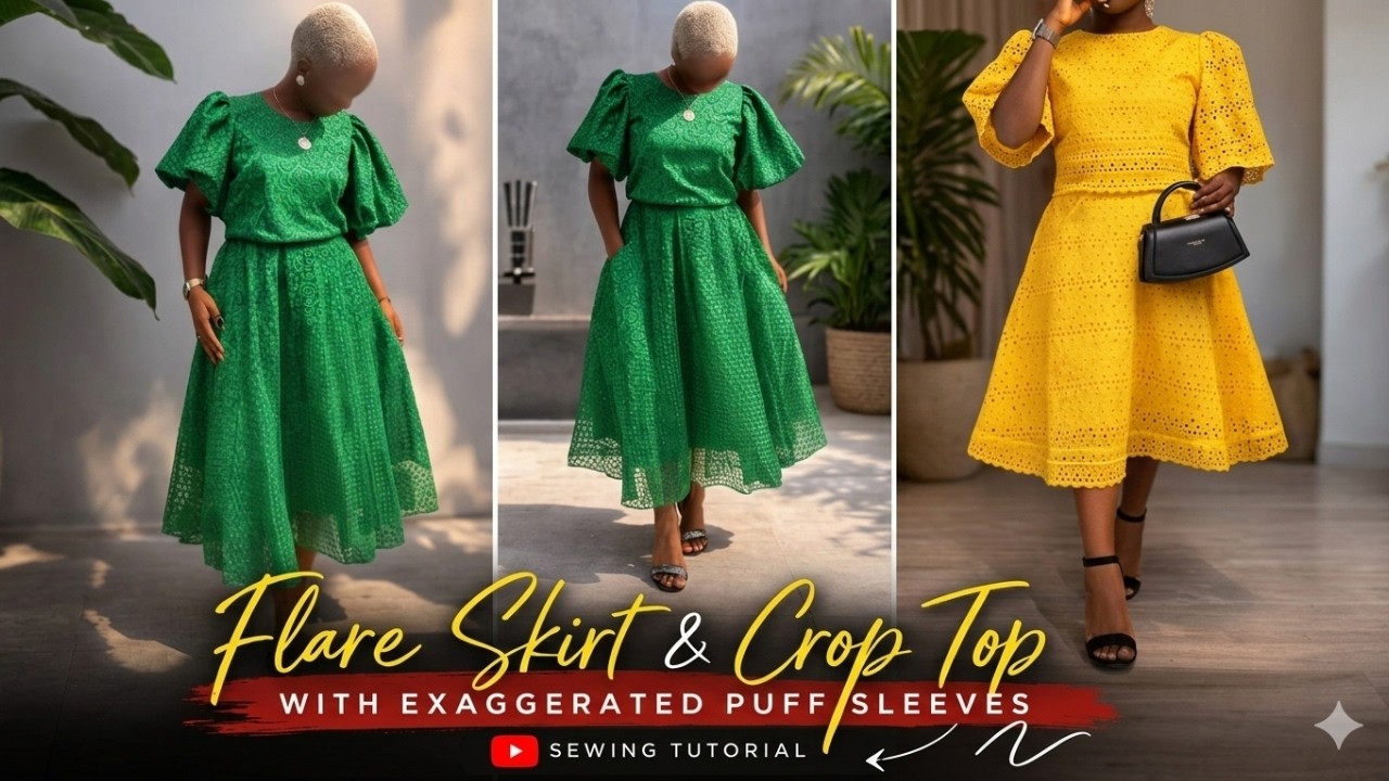 How to Cut and Sew a 2-Piece Set | Flare Skirt with Pockets & Crop Top with Exaggerated Puff Sleeves