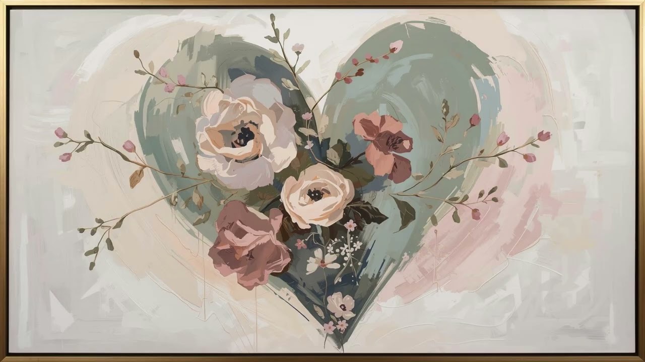 Abstract Floral Heart Oil Painting Valentines Day Framed TV Art Screensaver | Romantic 4K Wall Art